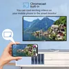 A hand holding a smartphone displaying a video is shown in the foreground, with a smart TV displaying the same video in the background. Text overlays describe the Chromecast built-in feature. Produktbild-Vorschau
