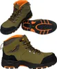 A collage of three images showing a pair of green and black work boots with orange accents. Produktbild-Vorschau