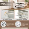 Collage showing a white shoe cabinet with different views and details, including dimensions and shoe capacity. Produktbild-Vorschau