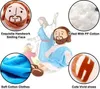 Collage of close-up shots highlighting features of a plush toy, with a blurred background image of religious figures. Produktbild-Vorschau