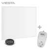 A white infrared heating panel with a thermostat and a logo. Produktbild-Vorschau