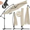A collage of images showing a cantilever umbrella in various states and angles, including a close-up of the crank mechanism and a detail of water droplets on the fabric. Náhled obrázku produktu