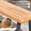 Close-up of a wooden bench with text overlays highlighting its features. Produktbild-Vorschau