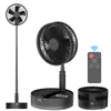 A product shot of a black, foldable, telescopic fan in multiple configurations, along with its remote control. Podgląd zdjęcia produktu