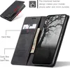 A black leather phone case with card slots and a cash slot, shown open with a phone inside. Produktbild-Vorschau