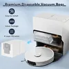 A robotic vacuum cleaner base station with a vacuum bag being inserted, and a separate vacuum bag shown on the left. Text overlays highlight product features. Produktbild-Vorschau