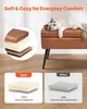 A cat sleeping on a brown ottoman, with a diagram showing the layers of the ottoman's cushion and a comparison of "Ours" vs "Others" foam. Podgląd zdjęcia produktu