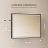 A bathroom mirror mounted on a wall, with installation accessories and dimensions indicated. Anteprima dell’immagine prodotto