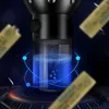 Close-up of a black UV flashlight with a blue liquid chamber, surrounded by glowing blue rings and blurred yellow objects. Anteprima dell’immagine prodotto