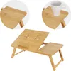 A collage of images showing a bamboo laptop table, with close-ups of its surface and a mug on it. Náhľad obrázku produktu