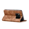 A brown flip case for a smartphone is shown from the side, with the phone partially inserted and its camera module visible. Produktbild-Vorschau