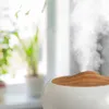 A close-up of a white humidifier with a wood-grain top, emitting a stream of mist. The background is blurred, showing a window with plants. Podgląd zdjęcia produktu