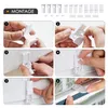 A collage of six images showing the step-by-step installation of a window blind mounting system. Produktbild-Vorschau