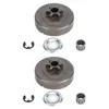 Two sets of chainsaw clutch drums and sprockets with associated hardware are laid out on a white background. Produktbild-Vorschau