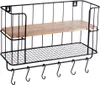 A black metal wall shelf with a wooden shelf and hooks. Anteprima dell’immagine prodotto