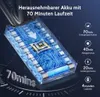 Close-up of a transparent battery pack with circuit board graphics, showing battery cells and a central chip, with text overlays indicating battery life and modes. Produktbild-Vorschau