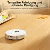 A white robot vacuum cleaner is shown on a wooden floor, with a spill of dirt nearby. Text overlays describe cleaning features. Produktbild-Vorschau