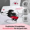 A close-up of a Mickey Mouse themed duvet cover and pillowcase with informational icons and text overlays. Produktbild-Vorschau