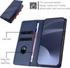 A blue leather wallet-style phone case is shown open, displaying card slots and a phone. There are also diagrams and text highlighting features. Produktbild-Vorschau