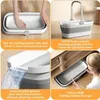 Collage of images showcasing a folding bucket with its features and usage. Podgląd zdjęcia produktu
