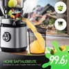 A juicer is shown in action, with juice flowing into a container, and promotional text and graphics overlaid. Produktbild-Vorschau