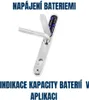 A smart door handle with its battery compartment open, showing batteries inside. Text overlays describe its features. Náhľad obrázku produktu