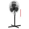 A black and silver Clatronic stand fan is shown against a white background. A red arrow indicates the adjustable height of the fan. Produktbild-Vorschau