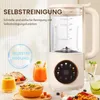 A multi-functional blender is shown with various drinks and food items, highlighting its self-cleaning feature. Náhľad obrázku produktu