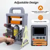 A heat press machine with informational overlays and a hand operating a lever. Produktbild-Vorschau