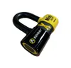 A close-up studio shot of a black and yellow motorcycle disc lock with an alarm. Voir les images du produit