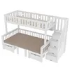 A white bunk bed with stairs and drawers, with brown mattresses. Voir les images du produit