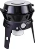 A black portable gas grill with legs, a lid, and a gas canister visible underneath. Anteprima dell’immagine prodotto