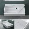 A collage of images showing a white mineral cast washbasin mounted on a wall, with close-ups of its features and dimensions. Produktbild-Vorschau