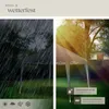 A split image showing a gazebo in rain on the left and in sunlight on the right, with feature callouts. Náhled obrázku produktu