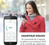 A woman is holding a smartphone with a heating control app on the screen, with text overlay describing "SMARTHEAT DESIGN." Voir les images du produit