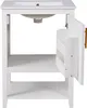 A white bathroom vanity with a sink and open cabinet doors, showing shelves inside. Náhled obrázku produktu