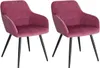 Two bordeaux velvet chairs with black metal legs are shown against a white background.