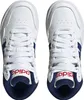 A top-down view of a pair of white Adidas high-top sneakers with blue accents and red branding. Produktbild-Vorschau