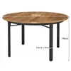 A round wooden dining table with black metal legs, featuring dimension labels. Podgląd zdjęcia produktu