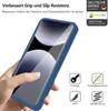 A hand holding a blue phone case with a smartphone inside, surrounded by marketing icons and text. Produktbild-Vorschau