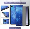 A collage of tablet cases with a blue starry pattern, showing different angles and a side view of a tablet with a case. Produktbild-Vorschau