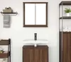 A bathroom vanity with a sink, faucet, and medicine cabinet above. There is also a shelving unit to the right and a towel rack to the left. Produktbild-Vorschau