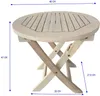 A round, light-colored wooden folding table with dimensions indicated by blue lines and text. Produktbild-Vorschau