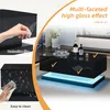 A collage of images showing a black high-gloss coffee table with LED lighting, demonstrating its features like protective film and ease of cleaning. Anteprima dell’immagine prodotto