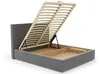 A dark gray upholstered bed frame with the wooden slatted base lifted to reveal the storage compartment underneath. Voir les images du produit
