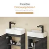 Two bathroom vanity units with sinks and faucets are shown, with text overlay describing installation options. Voir les images du produit