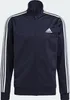 A navy blue Adidas tracksuit jacket with white stripes on the sleeves and a white Adidas logo on the chest. Produktbild-Vorschau
