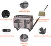 A pet carrier with wheels and its features highlighted with text and close-up images. Podgląd zdjęcia produktu