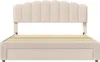 A beige upholstered bed frame with a slatted mattress support and a channel-tufted headboard, shown from the front. Produktbild-Vorschau