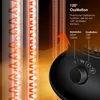 Close-up of heating elements and control panel of a stand heater, with marketing text highlighting features. Produktbild-Vorschau